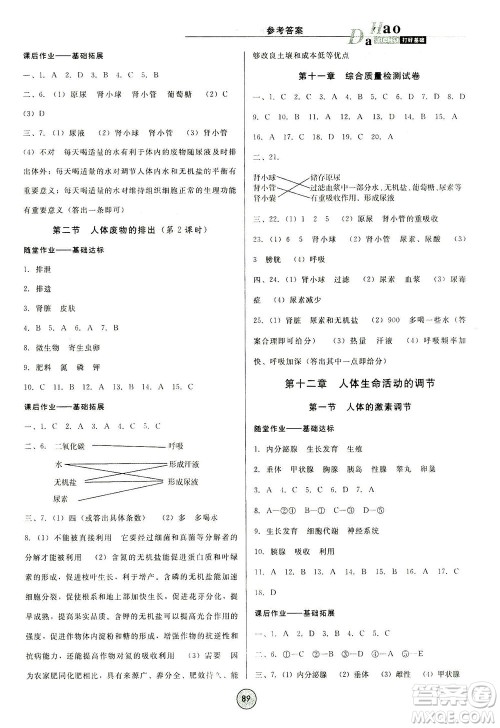 吉林教育出版社2021胜券在握打好基础作业本七年级生物下册SJ苏教版答案