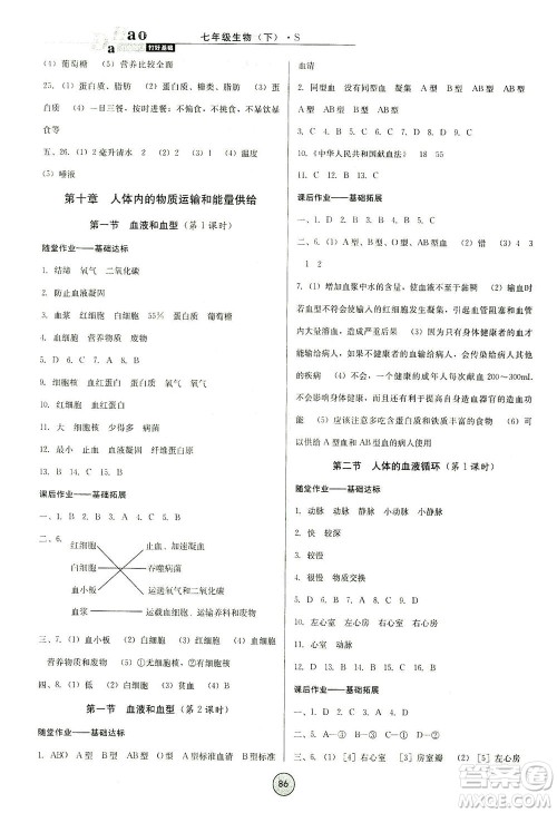 吉林教育出版社2021胜券在握打好基础作业本七年级生物下册SJ苏教版答案