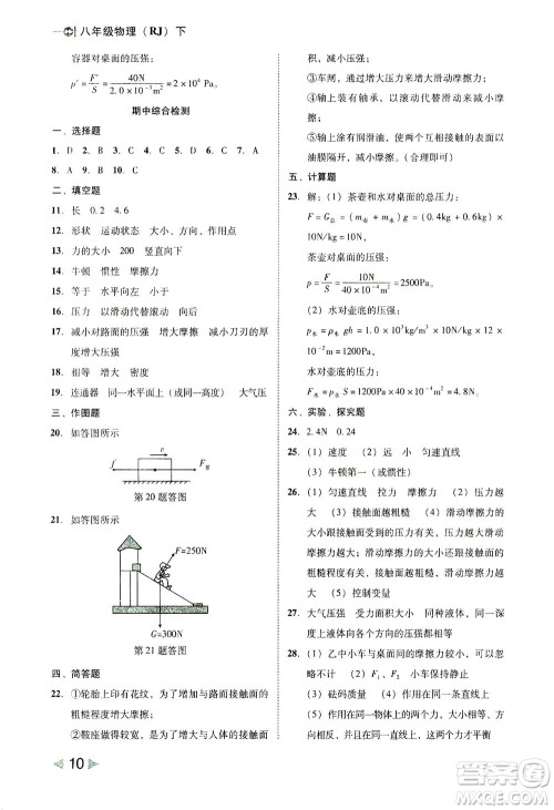 北方妇女儿童出版社2021胜券在握打好基础作业本八年级物理下册RJ人教版答案