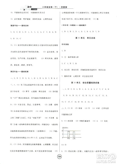 吉林教育出版社2021胜券在握打好基础作业本八年级生物下册SJ苏教版答案