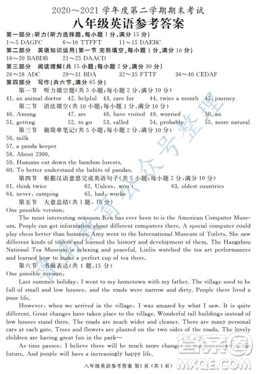 滕州市2020-2021学年第二学期八年级期末考试英语答案 滕州市2020-2021学年第二学期八年级期末考试英语答案