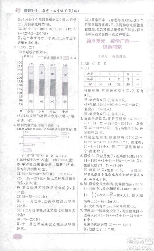 新疆青少年出版社2021教材1+1全解精练四年级下册数学人教版参考答案 新疆青少年出版社2021教材1+1全解精练四年级下册数学人教版参考答案