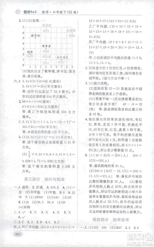 新疆青少年出版社2021教材1+1全解精练六年级下册数学人教版参考答案