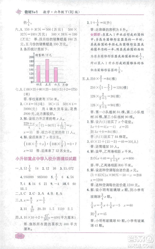 新疆青少年出版社2021教材1+1全解精练六年级下册数学人教版参考答案