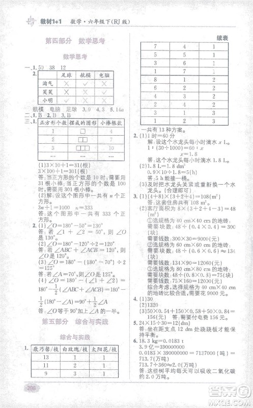 新疆青少年出版社2021教材1+1全解精练六年级下册数学人教版参考答案