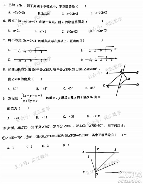 武汉市洪山区2020-2021年度下学期七年级期末考试数学试卷及答案