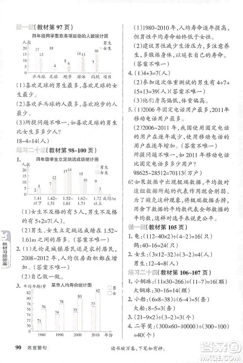 辽宁教育出版社2021小学教材搭档四年级下册数学人教版参考答案