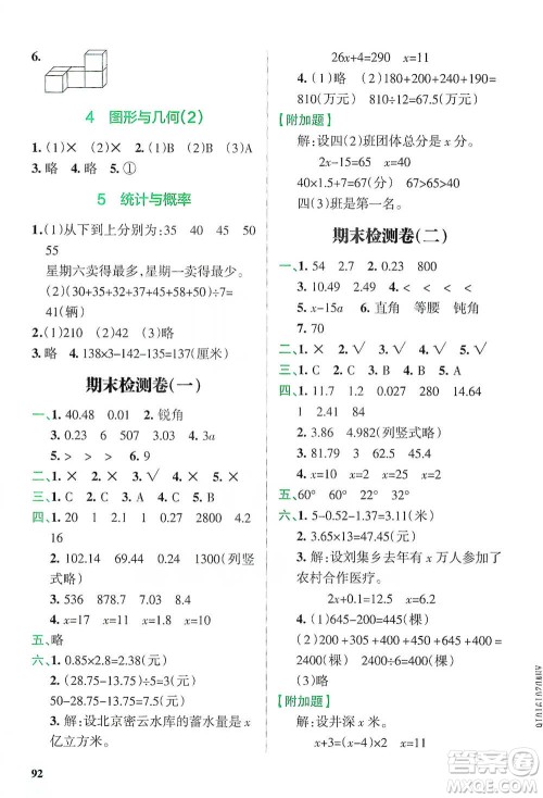 辽宁教育出版社2021小学教材搭档四年级下册数学北师版参考答案