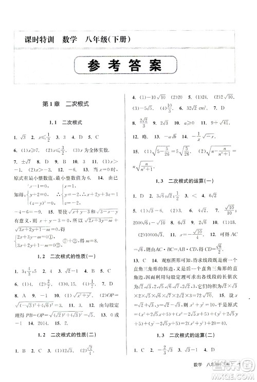 浙江人民出版社2021课时特训八年级数学下册浙教版答案