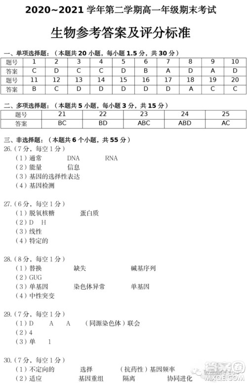 太原市2020-2021学年第二学期高一年级期末考试生物试卷及答案