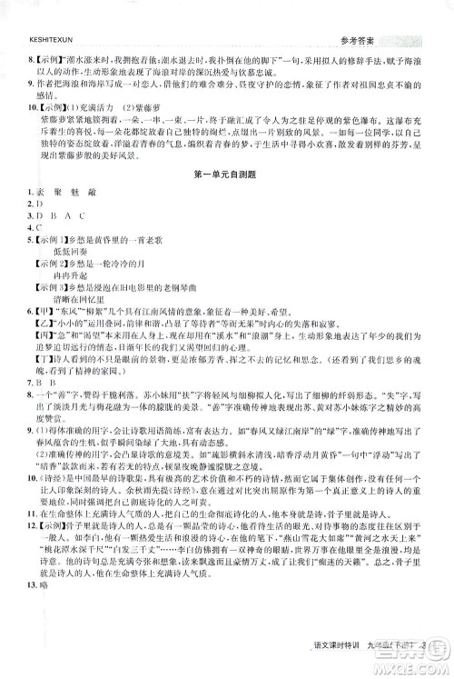 浙江人民出版社2021课时特训九年级语文下册人教版答案