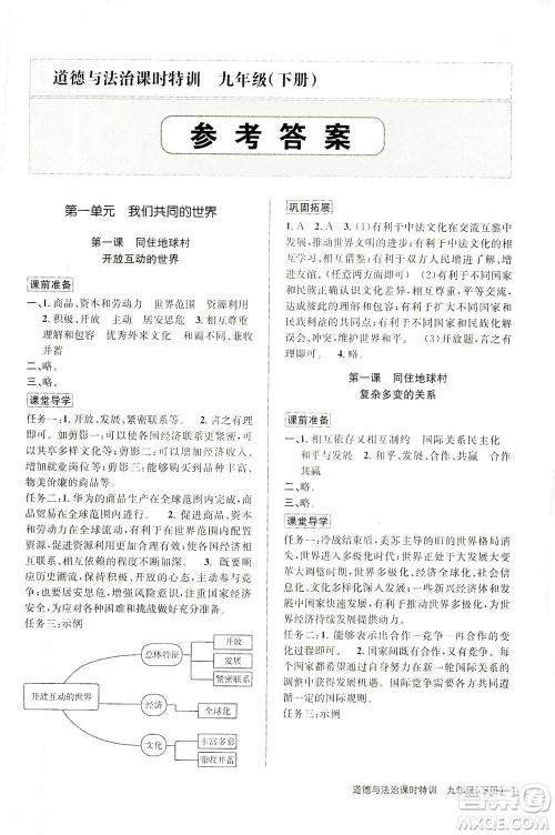 浙江人民出版社2021课时特训九年级道德与法治下册人教版答案