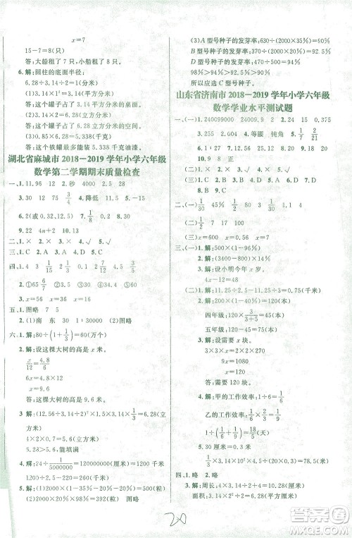 上海大学出版社2021过关冲刺100分数学六年级下册人教版答案