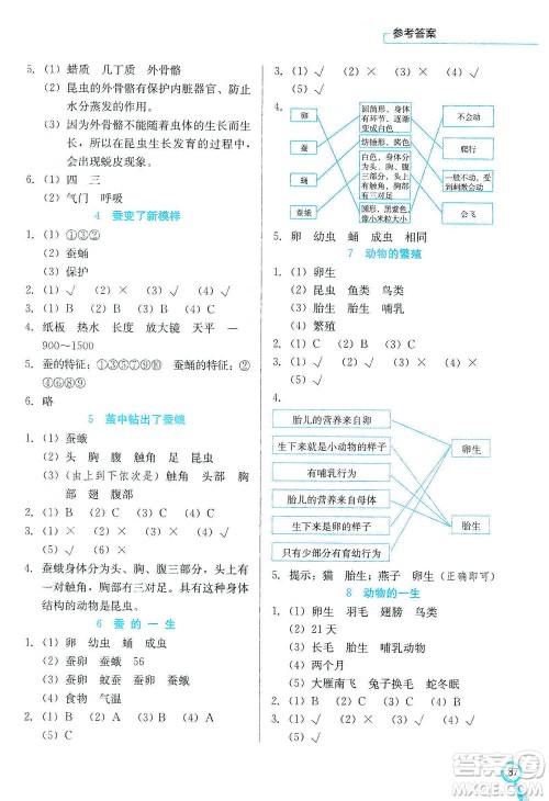 河北美术出版社2021新练习方案科学三年级下册JK教科版答案