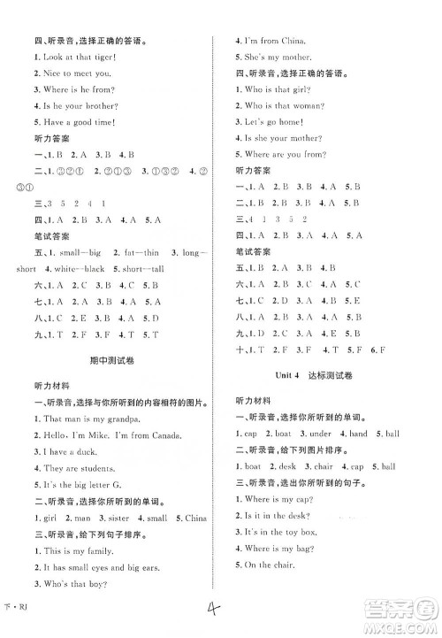 知识出版社2021优化设计单元测试卷三年级下册英语人教版参考答案