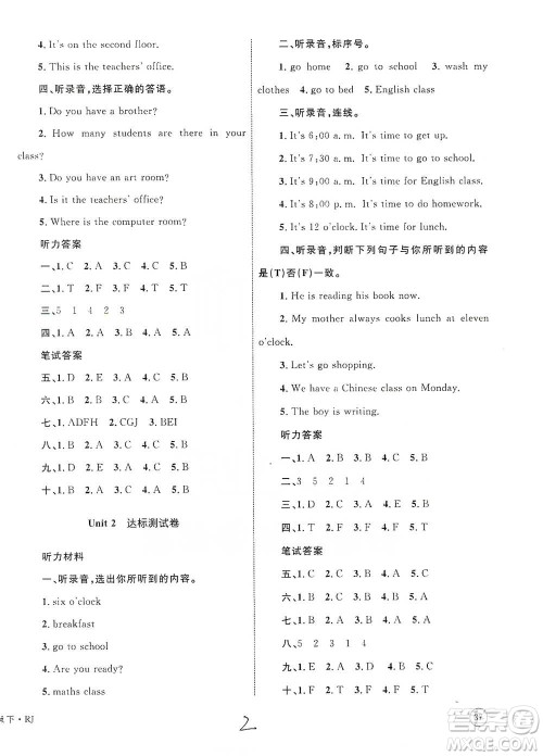知识出版社2021优化设计单元测试卷四年级下册英语人教版参考答案