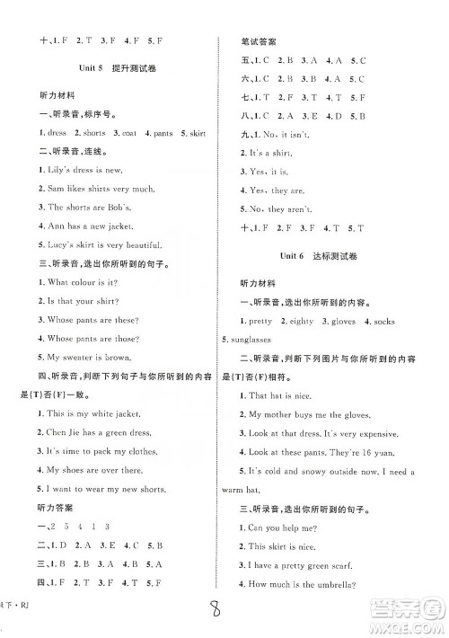 知识出版社2021优化设计单元测试卷四年级下册英语人教版参考答案
