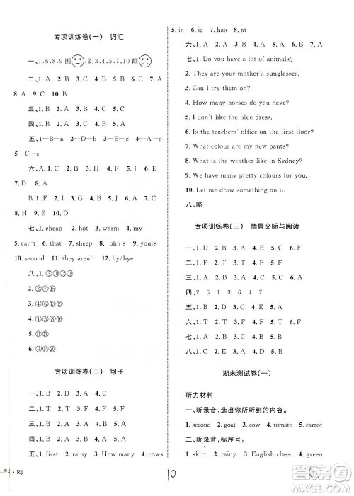 知识出版社2021优化设计单元测试卷四年级下册英语人教版参考答案