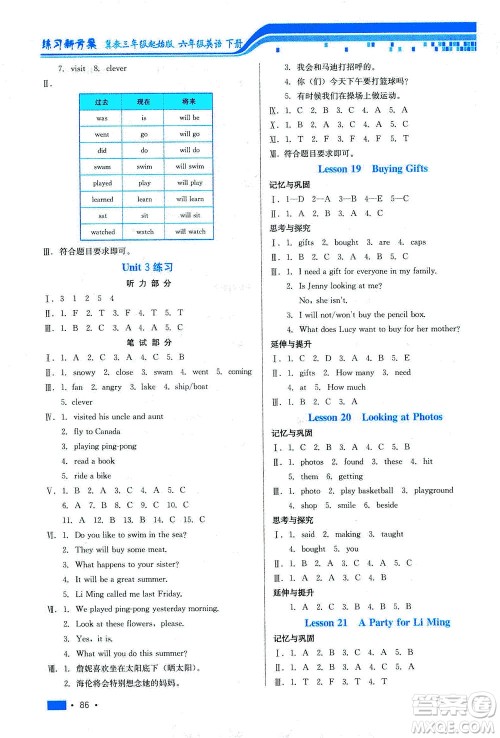 河北科学技术出版社2021练习新方案英语三年级起点六年级下册冀教版答案