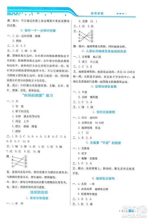 河北美术出版社2021新练习方案科学五年级下册JK教科版答案