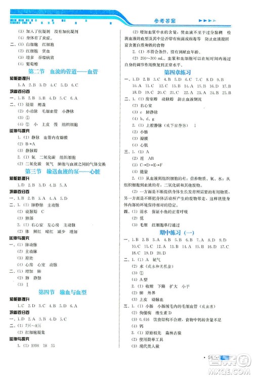 河北科学技术出版社2021练习新方案生物学七年级下册人教版答案