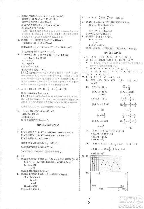 阳光出版社2021全品小复习六年级下册数学人教版参考答案