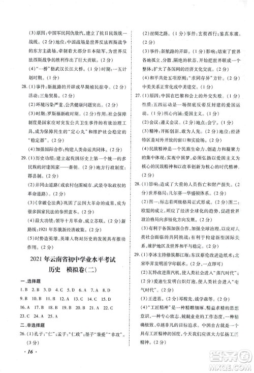 延边教育出版社2021本土攻略精准复习方案九年级历史下册人教版云南专版答案