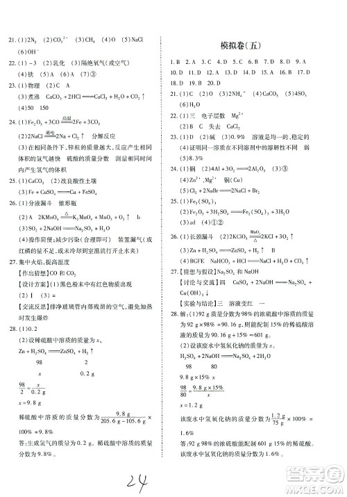 延边教育出版社2021本土攻略精准复习方案九年级化学下册人教版云南专版答案