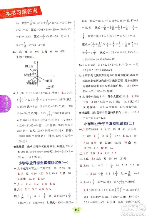 吉林人民出版社2021小学教材完全解读六年级下册数学江苏版参考答案