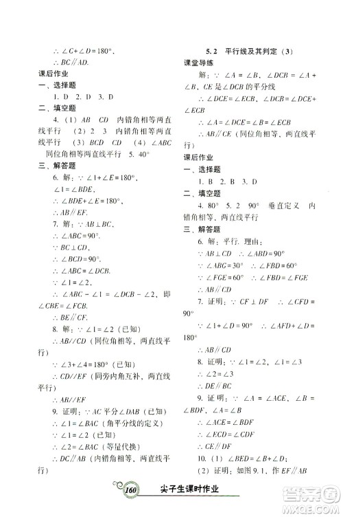 辽宁教育出版社2021尖子生课时作业七年级数学下册人教版答案