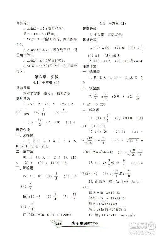 辽宁教育出版社2021尖子生课时作业七年级数学下册人教版答案