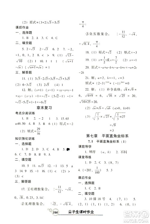 辽宁教育出版社2021尖子生课时作业七年级数学下册人教版答案