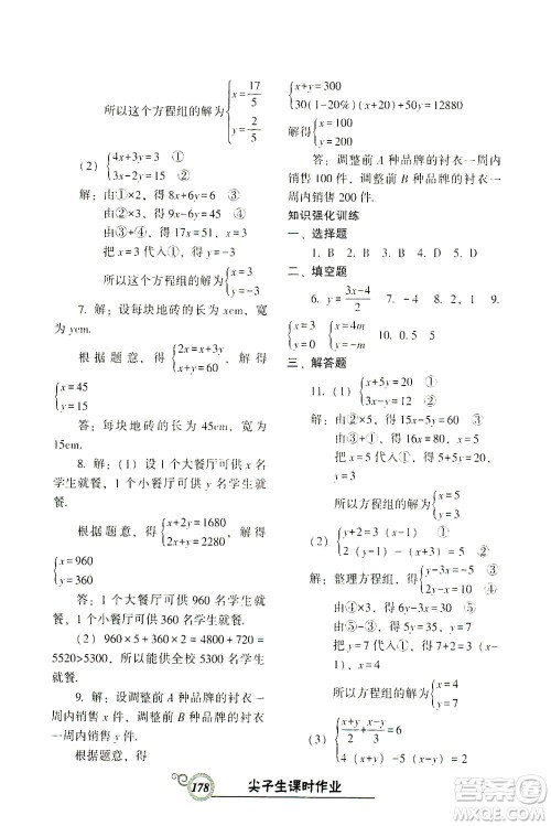 辽宁教育出版社2021尖子生课时作业七年级数学下册人教版答案