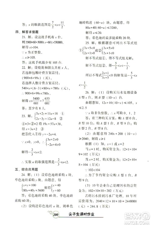 辽宁教育出版社2021尖子生课时作业七年级数学下册人教版答案