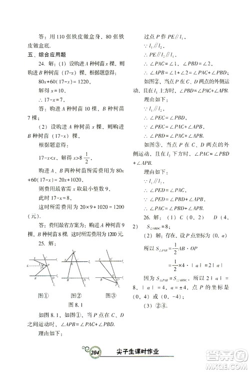 辽宁教育出版社2021尖子生课时作业七年级数学下册人教版答案