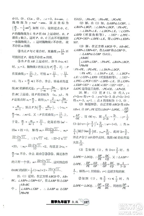辽宁教育出版社2021尖子生课时作业九年级数学下册人教版答案