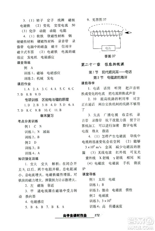 辽宁教育出版社2021尖子生课时作业九年级物理下册人教版答案