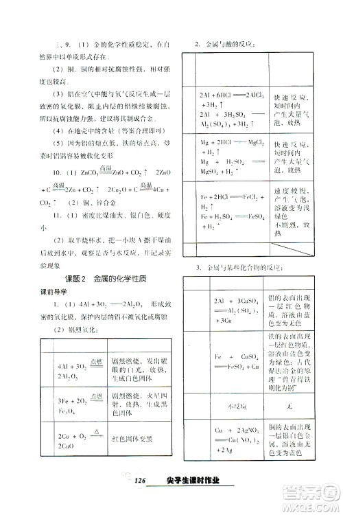 辽宁教育出版社2021尖子生课时作业九年级化学下册人教版答案