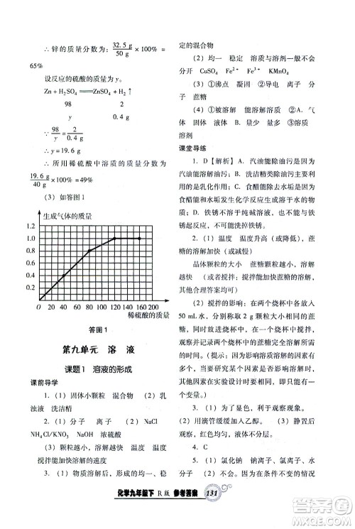 辽宁教育出版社2021尖子生课时作业九年级化学下册人教版答案