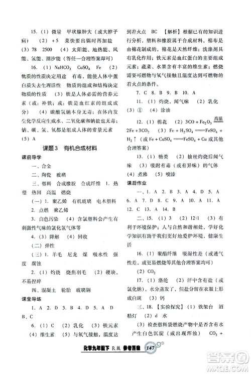 辽宁教育出版社2021尖子生课时作业九年级化学下册人教版答案