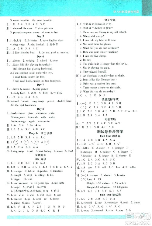延边大学出版社2021小状元随堂作业英语六年级下册PEP人教版答案