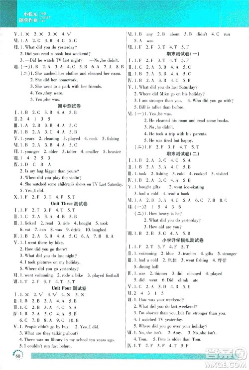 延边大学出版社2021小状元随堂作业英语六年级下册PEP人教版答案