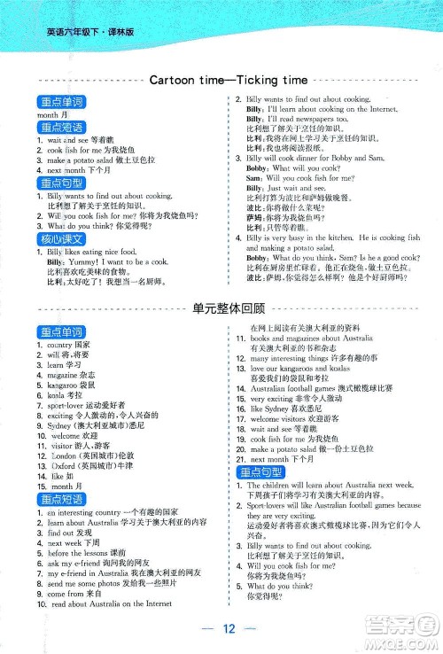 北方妇女儿童出版社2021金色课堂课时作业本六年级英语下册苏教版答案 北方妇女儿童出版社2021金色课堂课时作业本六年级英语下册苏教版答案