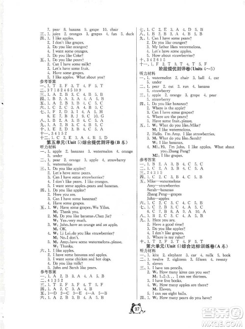 江苏人民出版社2021单元双测同步达标活页试卷三年级下册英语人教版参考答案