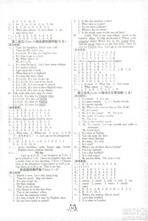 江苏人民出版社2021单元双测同步达标活页试卷四年级下册英语人教版参考答案
