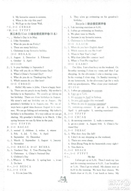 江苏人民出版社2021单元双测同步达标活页试卷五年级下册英语人教版参考答案