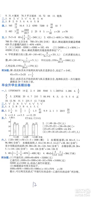 开明出版社2021期末100分冲刺卷六年级下册数学人教版参考答案