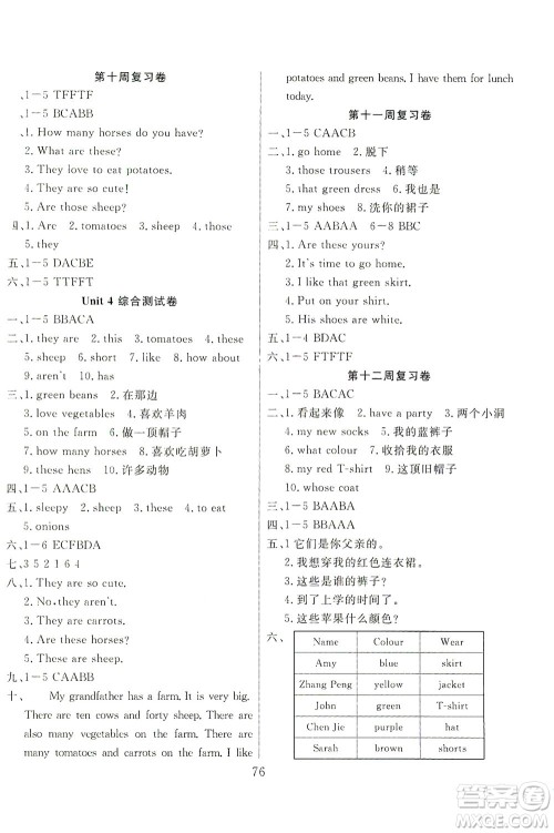 首都师范大学出版社2021黄冈四清卷英语四年级下册RJ人教版答案