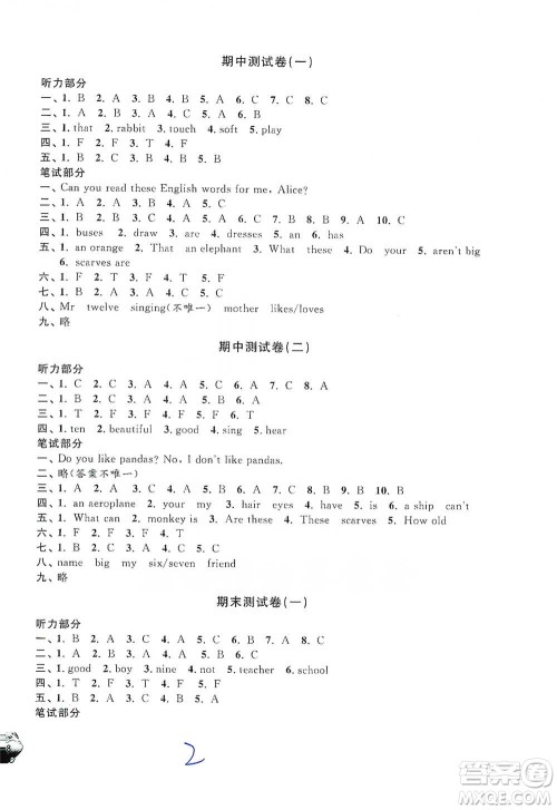 安徽人民出版社2021标准期末考卷三年级下册英语上海专用参考答案
