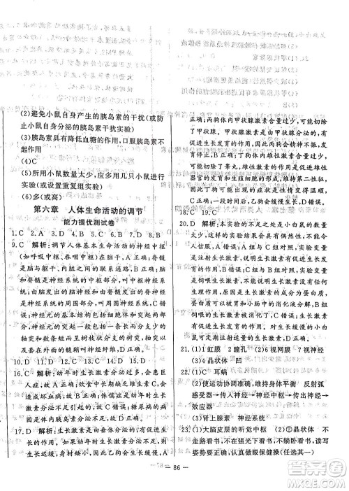 山东文艺出版社2021初中单元提优测试卷七年级生物下册鲁教版五四学制答案